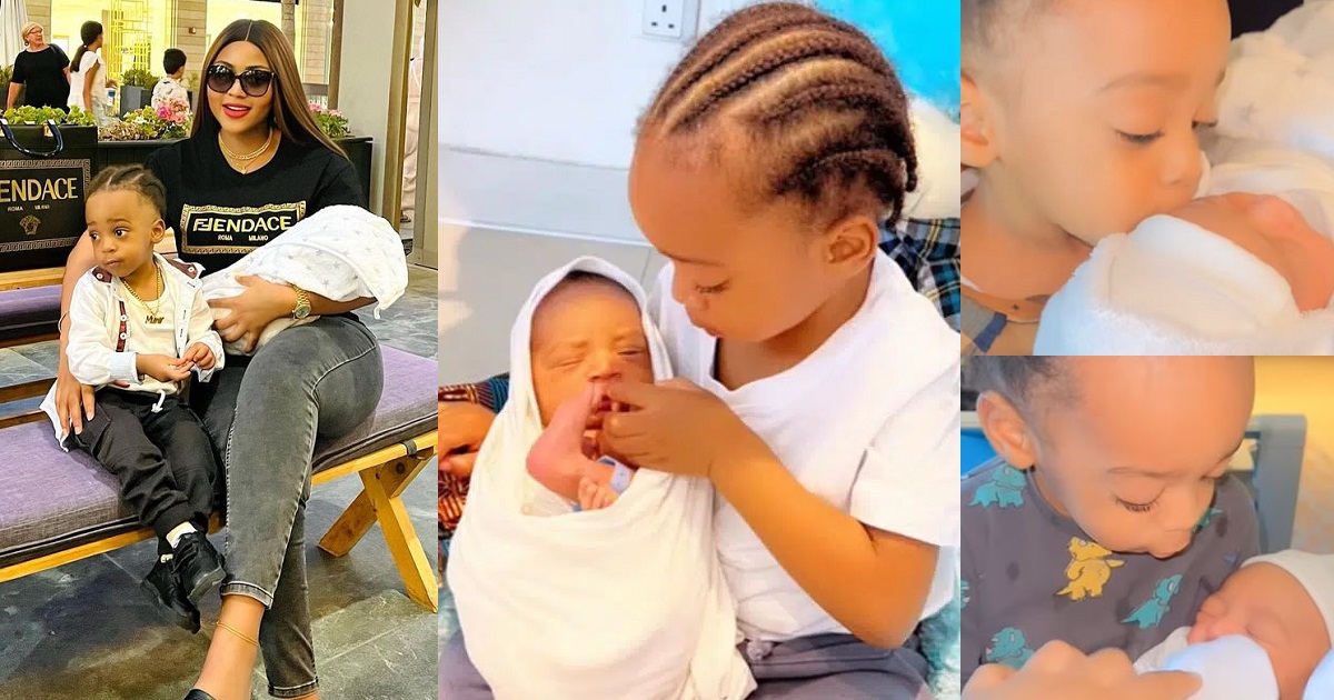 Adorable moment Regina Daniels’ son, Munir, takes up big brother duties (Video)