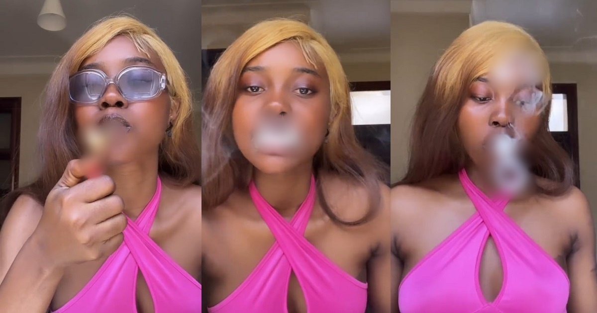 “Somebody’s future wife and mother!” – Netizens express shock as lady smokes w33d, pulls stunt with the smoke (video)