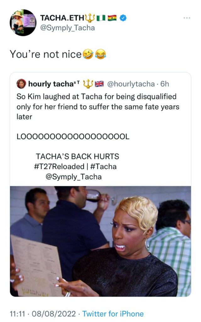 Tacha reacts 