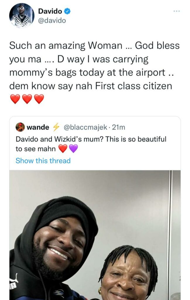 “Such an amazing woman” – Davido gushes over Wizkid’s mom after they met at the airport