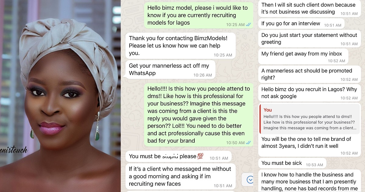 Nigerian model shares chat with modelling agency who insulted her for not greeting properly
