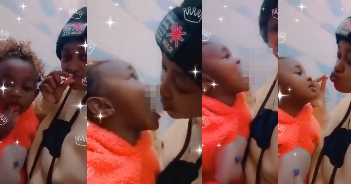 “Be intentional whom you make a mother to your kids” – Outrage as lady smokes and shares Weed with a toddler