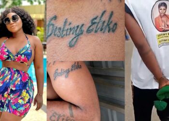 Die-hard fan tattoos actress Destiny Etiko’s name on his arm, wears a customized shirt with her face to a market (video)