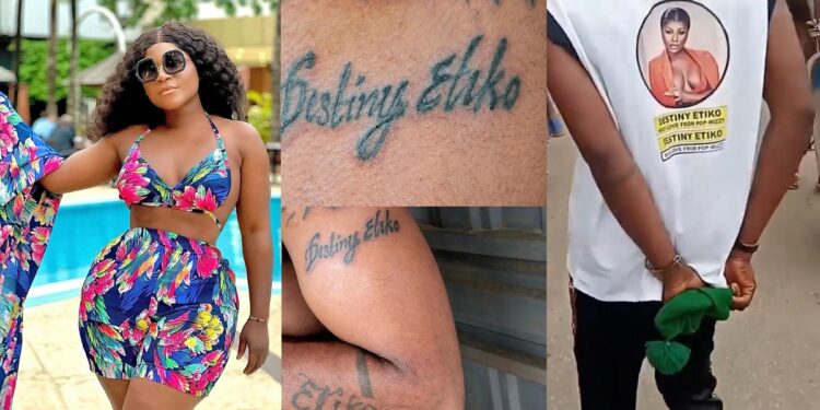Die-hard fan tattoos actress Destiny Etiko’s name on his arm, wears a customized shirt with her face to a market (video)