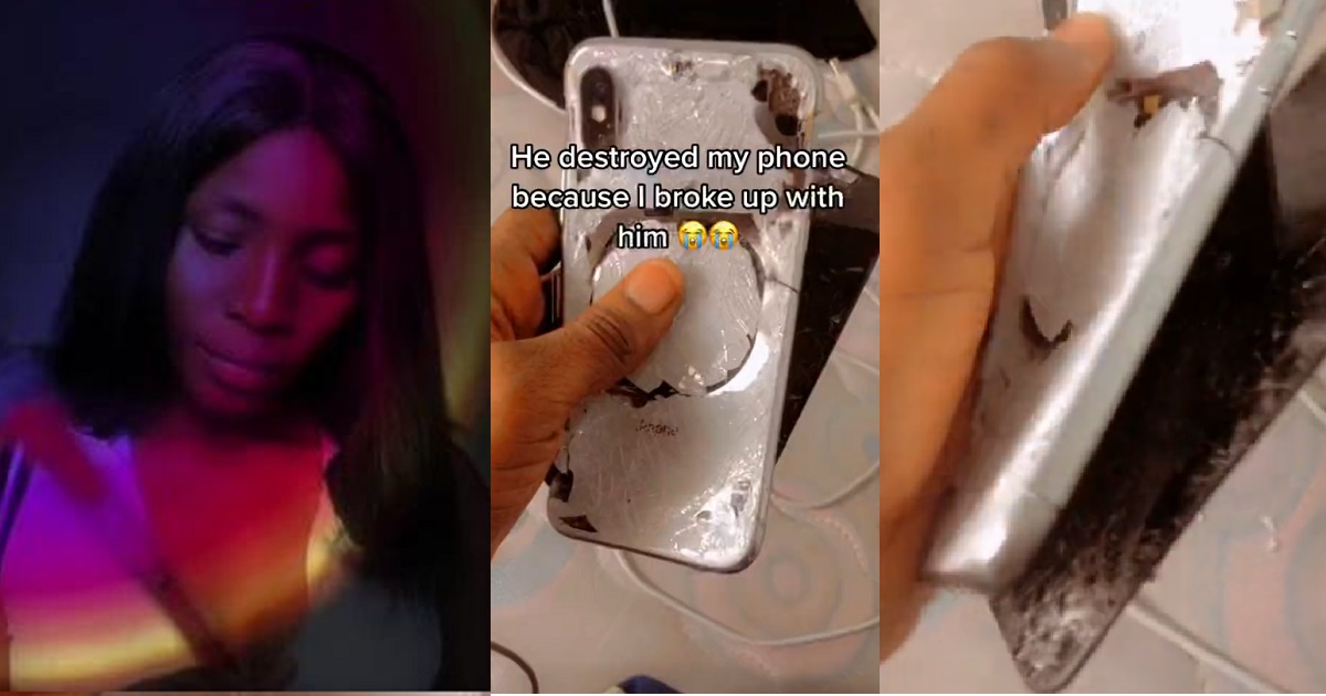 Lady sheds premium tears after boyfriend smashed her phone for dumping him (Video)