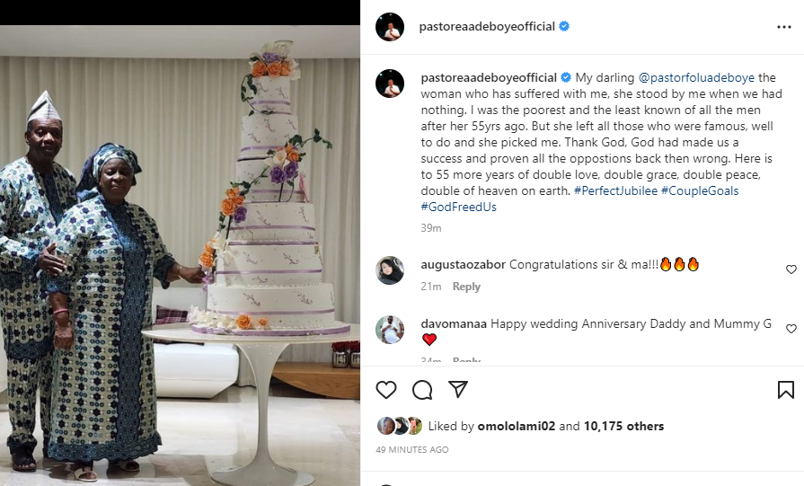 “The woman who has suffered with me, stood by me when we had nothing” – Pastor Adeboye celebrates wife Foluke, on their 55th wedding anniversary 3 6319b24a5fd09