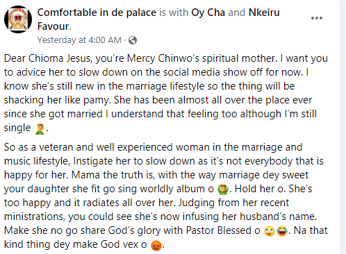 “She’s been all over the place since she got married, she should slow down” – Nigerian man asks Chioma Jesus to advise Mercy Chinwo