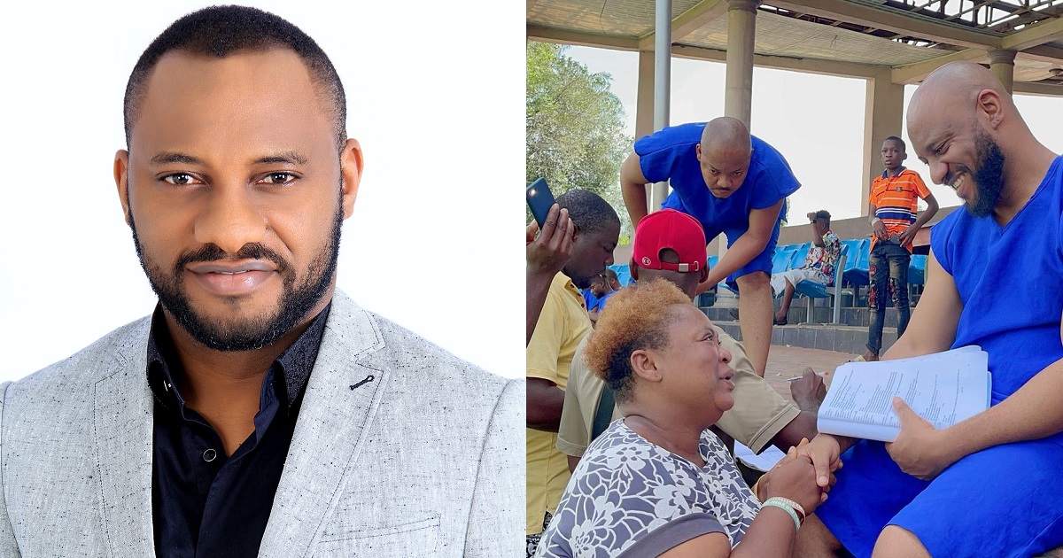 Yul Edochie reacts as woman kneels, breaks down in tears after meeting him for the first time 