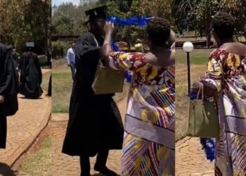 Boy embarrasses ecstatic mother who rushed to him with ribbon on his graduation day, says she was embarrassing him (Video)
