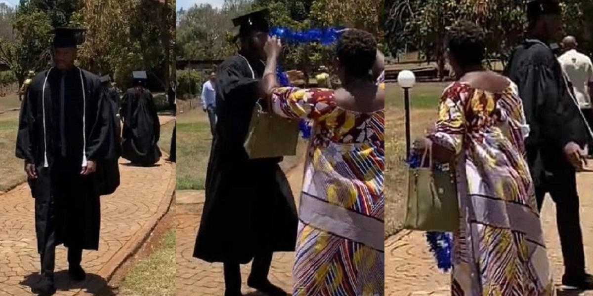 Boy embarrasses ecstatic mother who rushed to him with ribbon on his graduation day, says she was embarrassing him (Video)