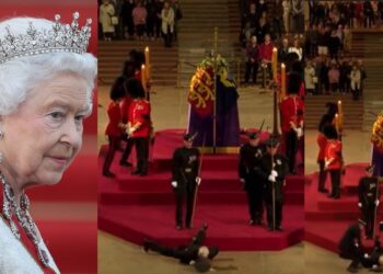 Moment a guard fainted while standing watch over Queen Elizabeth II’s coffin (Video)