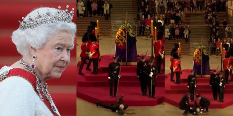 Moment a guard fainted while standing watch over Queen Elizabeth II’s coffin (Video)