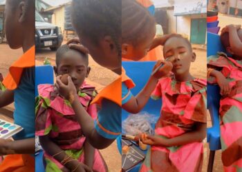 Little girl stuns netizens with her make-up skill, as she beats model’s  face to perfection (Video)