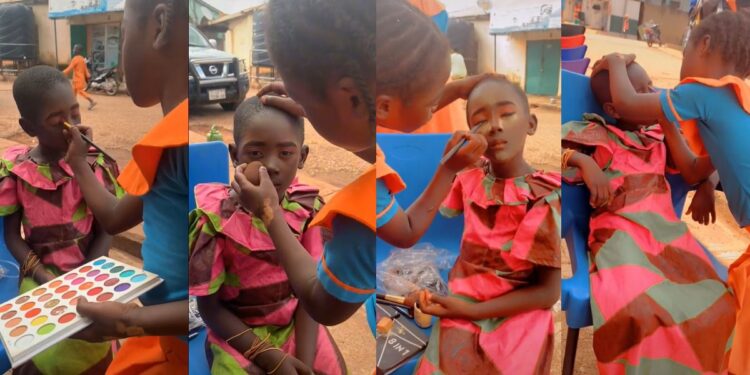 Little girl stuns netizens with her make-up skill, as she beats model’s face to perfection (Video)