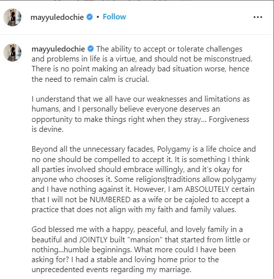Polygamy: “I’ll not be numbered as a wife or cajoled to accept a practice that does not align with my values” – Actor Yul Edochie’s first wife, May speaks 4 may d