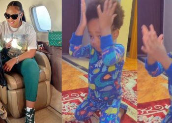 Adorable moment Regina Daniel’s son, Munir, knelt to beg his mum for forgiveness after destroying his new toy (Video)