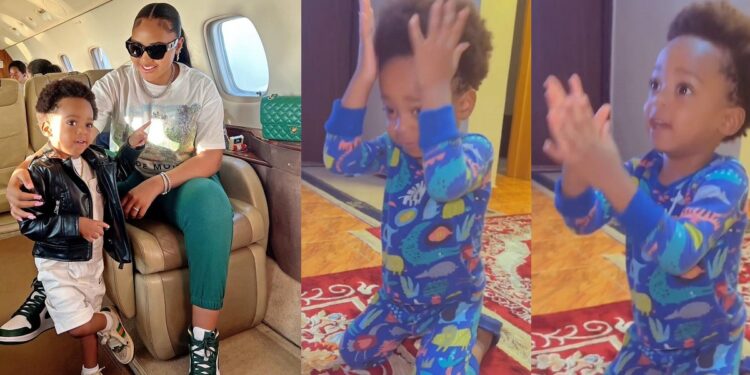 Adorable moment Regina Daniel’s son, Munir, knelt to beg his mum for forgiveness after destroying his new toy (Video)