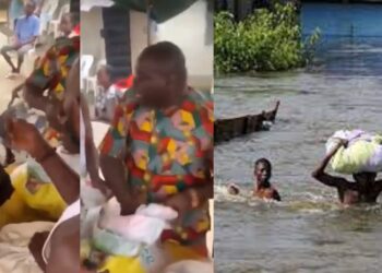 Viral video of flood victims in Bayelsa state receiving a cup of rice as palliative.