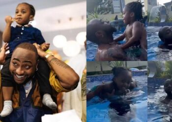 Adorable video of singer, Davido bonding with his son, Ifeanyi as he teaches him how to swim (WATCH)