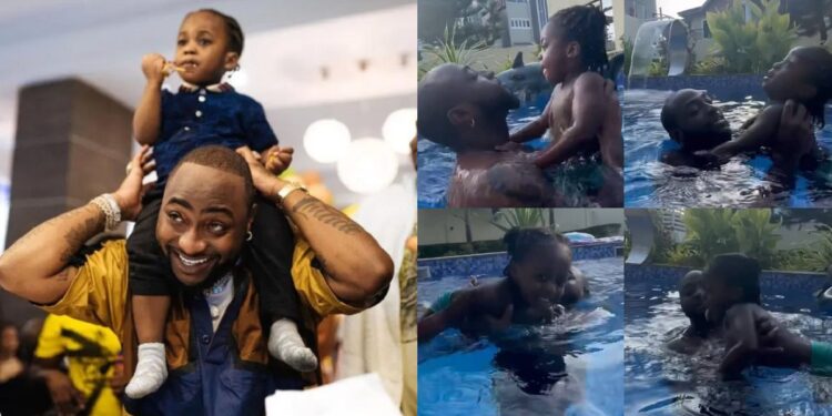 Adorable video of singer, Davido bonding with his son, Ifeanyi as he teaches him how to swim (WATCH)