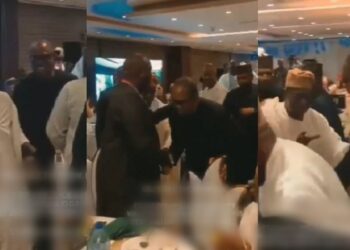 “My job is done” – Obasanjo says as he vacates his seat and puts Peter Obi on it (video)