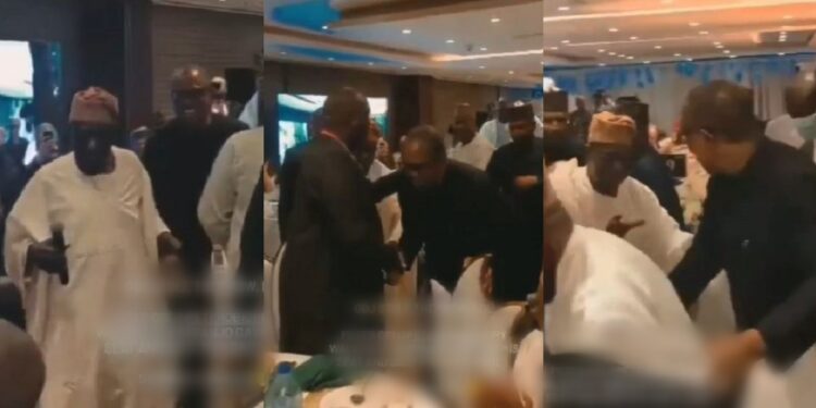 “My job is done” – Obasanjo says as he vacates his seat and puts Peter Obi on it (video)