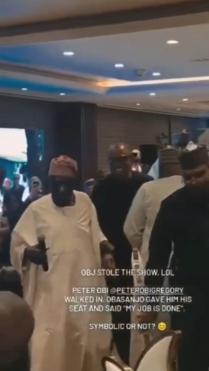 “My job is done” – Obasanjo says as he vacates his seat and puts Peter Obi on it (video) 3 dedfefe 1