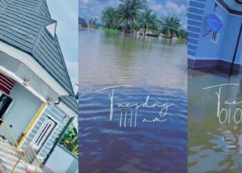 “Tears in my heart” – Nigerian lady laments bitterly as flood engulfs her newly built house before she moved in (Video)