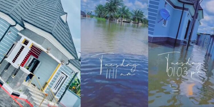 “Tears in my heart” – Nigerian lady laments bitterly as flood engulfs her newly built house before she moved in (Video)