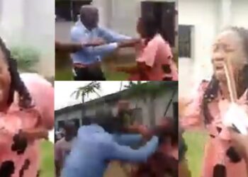 “I ran away from home because of domestic violence” – Lady weeps as husband storms her place of work to harass her, demand for their son (video)