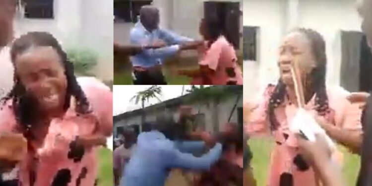 “I ran away from home because of domestic violence” – Lady weeps as husband storms her place of work to harass her, demand for their son (video)