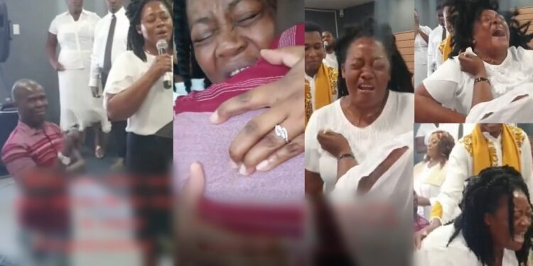 Lady almost goes into trance, sheds tears of joy as longtime boyfriend proposes to her in church (Video)
