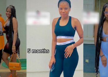 “How come?” – 8 months pregnant lady with flat tummy causes a stir (Video)