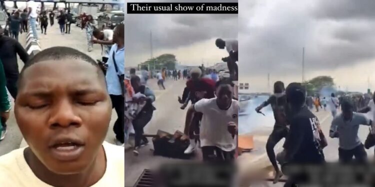 #EndSARS memorial: Protesters scamper for safety as police fire tear gas at the Lekki Tollgate (video)