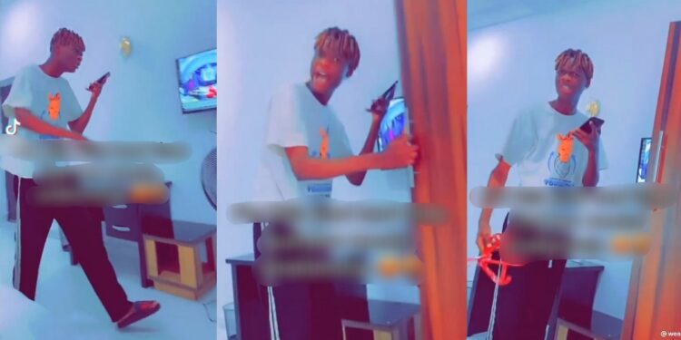Young man enraged after his girlfriend of two weeks took almost all the expensive outfits in his wardrobe (video)