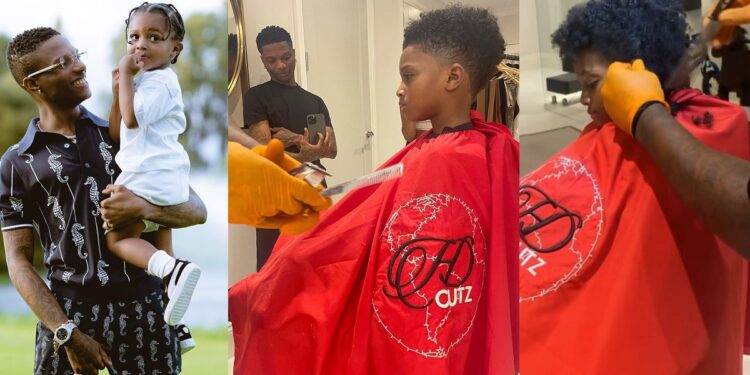 Moment Wizkid took his 4-year-old son, Zion to barbershop for his first hair cut (Video)