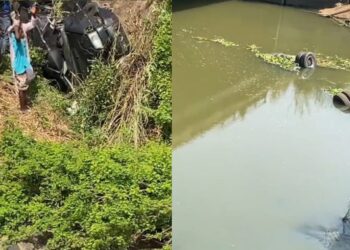 Lady gives thanks to God after surviving a car accident as her vehicle and others skidding off a bridge in Ikire, Osun state
