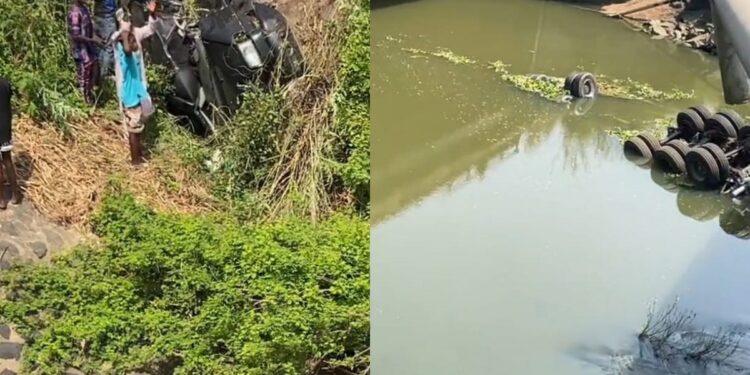 Lady gives thanks to God after surviving a car accident as her vehicle and others skidding off a bridge in Ikire, Osun state