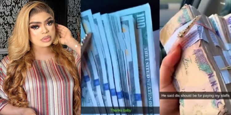 “My boyfriend gives me $17,000 monthly” – Bobrisky brags, flaunts wads of cash from lover (Video)