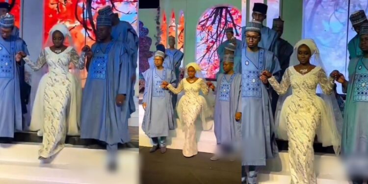 Heartwarming moment bride was walked down the aisle by her seven brothers (Video)