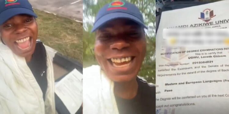 “Do am if e easy!” — Lady celebrates graduating with a third-class degree in French from UNIZIK (video)
