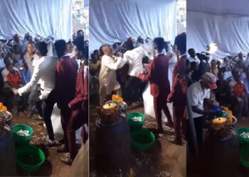 “Maybe na the wife ex” – Netizens react to video of a groom that attacked man who sprayed him money at his wedding. (Video)