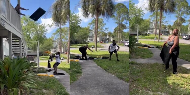 Lady throws boyfriend out of her house after catching him cheating (video)