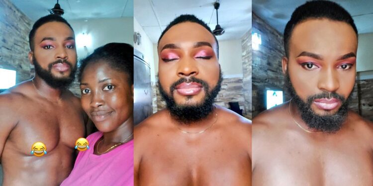 “Just look at what this woman turned me to” – Young man shares how his wife used him to test her makeup skills (PHOTOS)