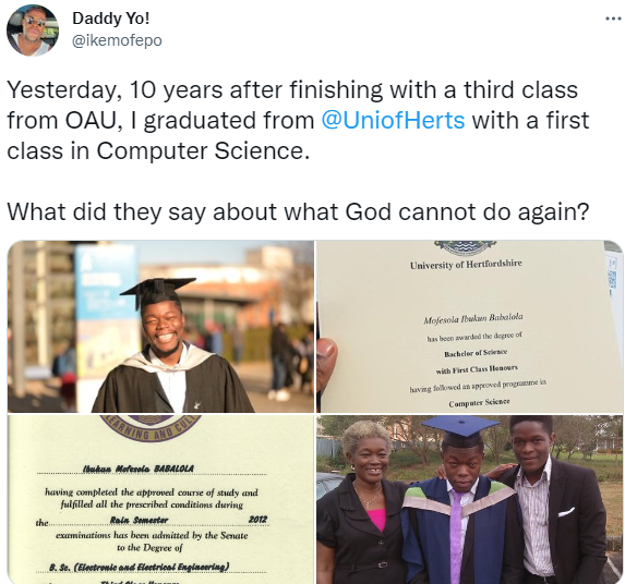 Nigerian man celebrates as he bags 1st class degree from a UK university 10 years after he graduated with a 3rd class from a Nigerian university