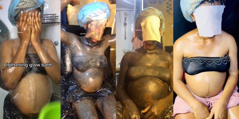 Pregnant woman causes a stir as she undergoes ‘lightening glow bath’ to bleach her skin instantly (video)
