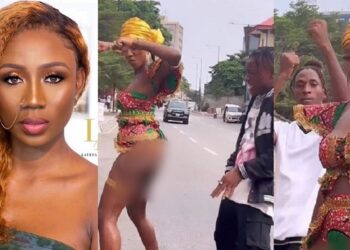 “This is Nigeria for God’s sake!” – Outrage as Korra Obidi dances on the street of Lagos in racy outfit that exposed her backside (Video)