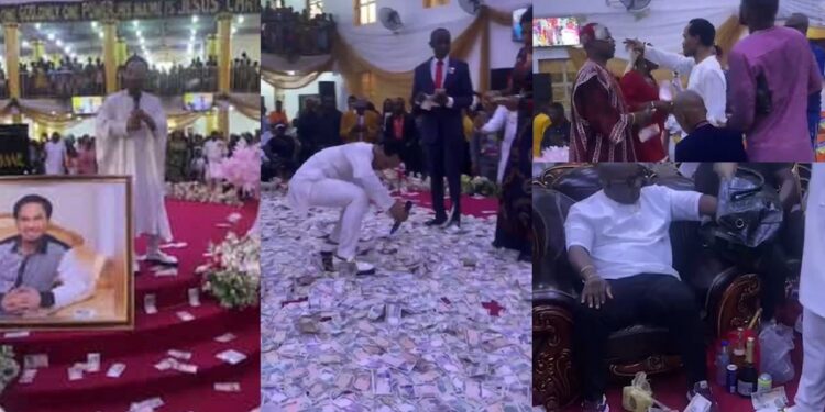 “Is this pleasing to God?” – Netizens chides Prophet Odumeje over video of his members making money rain on the altar during his birthday celebration (Watch)