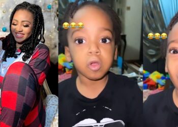 Netizens react to video of actress Regina Daniels teaching her son, Munir, ‘to blow a kiss’ (Watch)