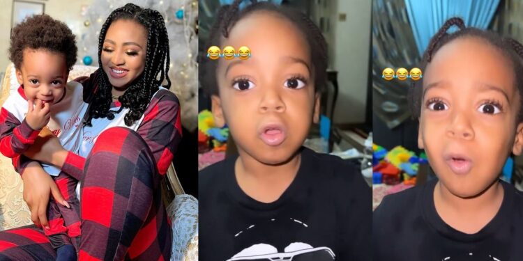 Netizens react to video of actress Regina Daniels teaching her son, Munir, ‘to blow a kiss’ (Watch)